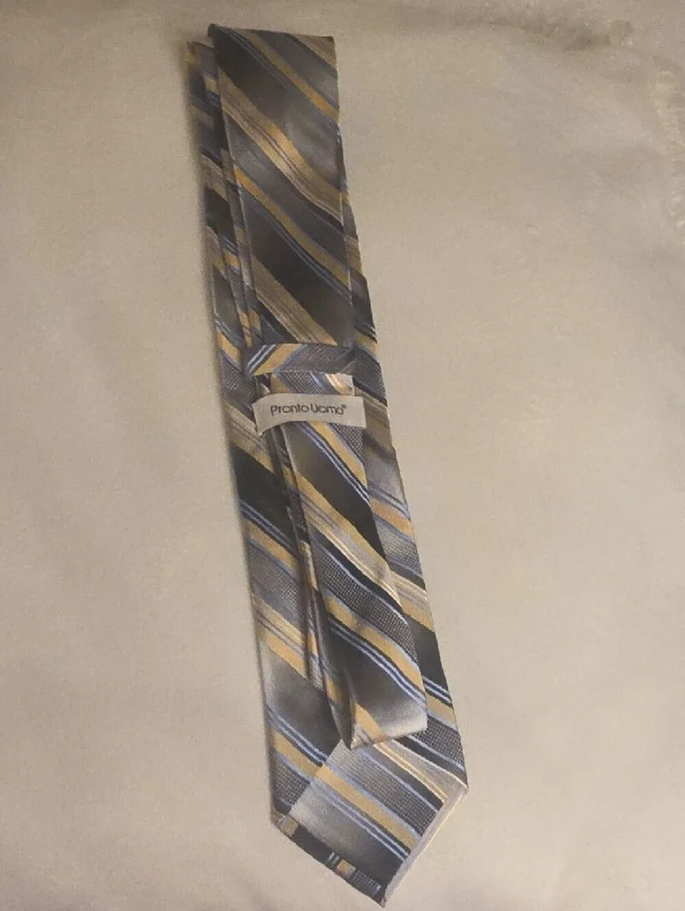 Pronto Uomo Silk Hand Made Gray Tie with Gold and Blue Stripes X Large 65 Inches